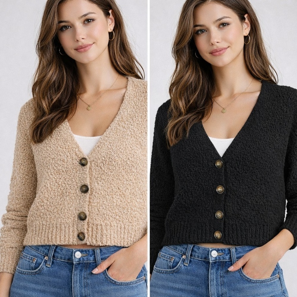 Lot of 2 Social Standard by Sanctuary Popcorn Teddy Tan/Black Cardigan Sweaters